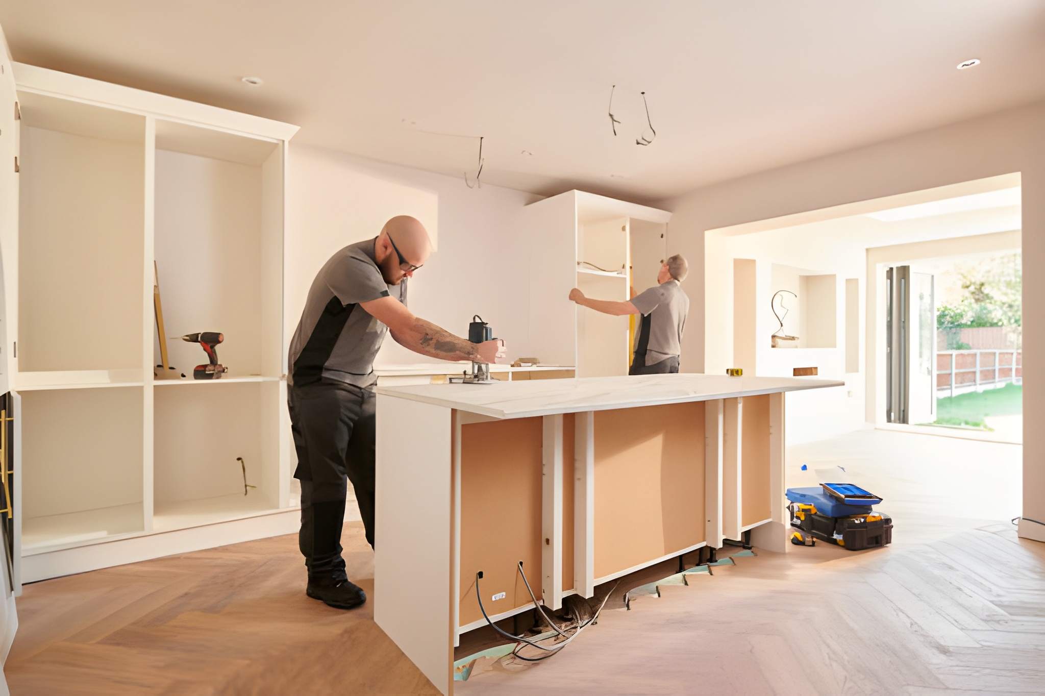 Technicians performing countertop installation in a Fort Pierce FL kitchen with modern cabinetry and natural lighting