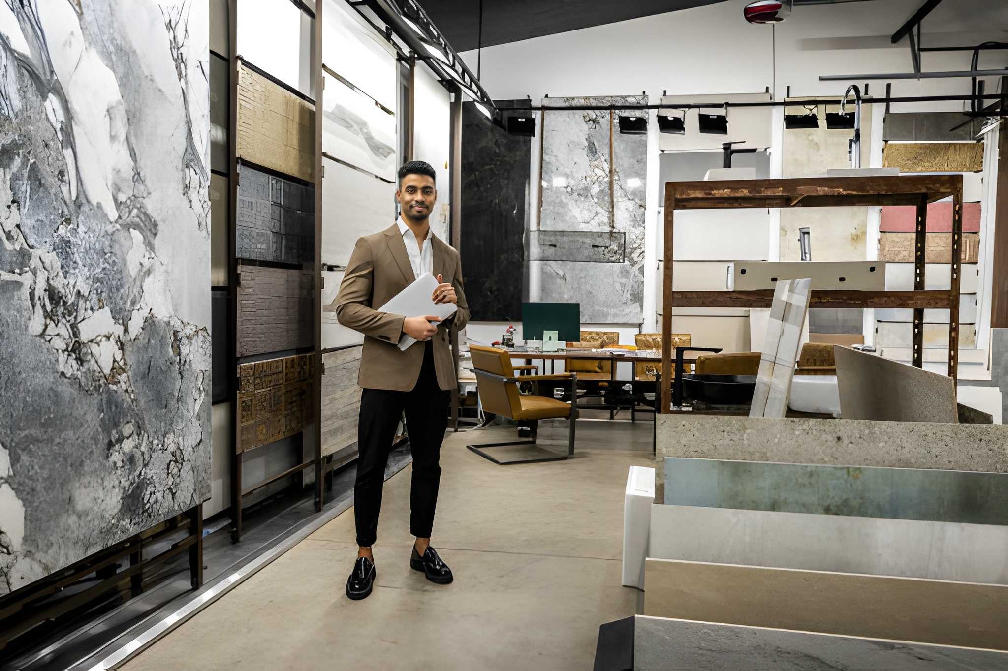 Designer reviews samples at tile stores Stuart FL—exploring textures, colors, and finishes for interiors.