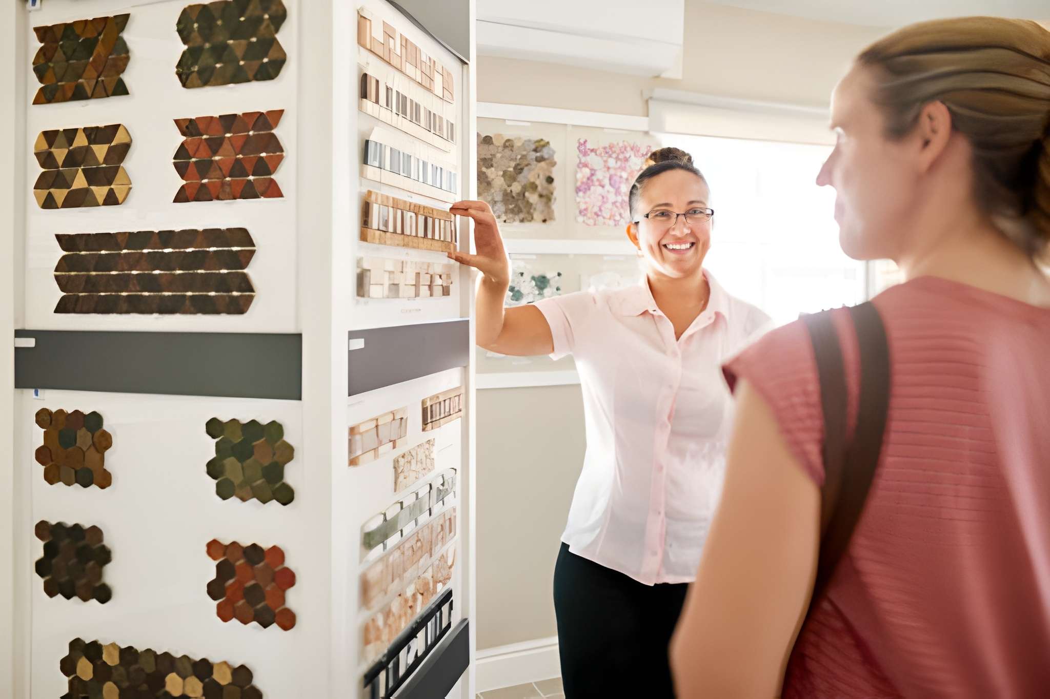 Customer exploring tile options at Jupiter Hardware showroom with expert guidance and diverse wall covering samples.