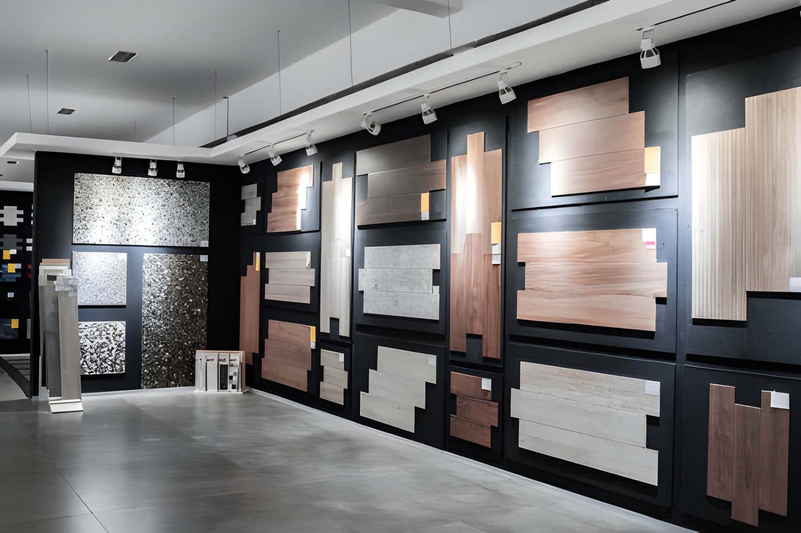 Floor and decor store near me—showroom wall with illuminated samples of wood, tile, and laminate finishes.