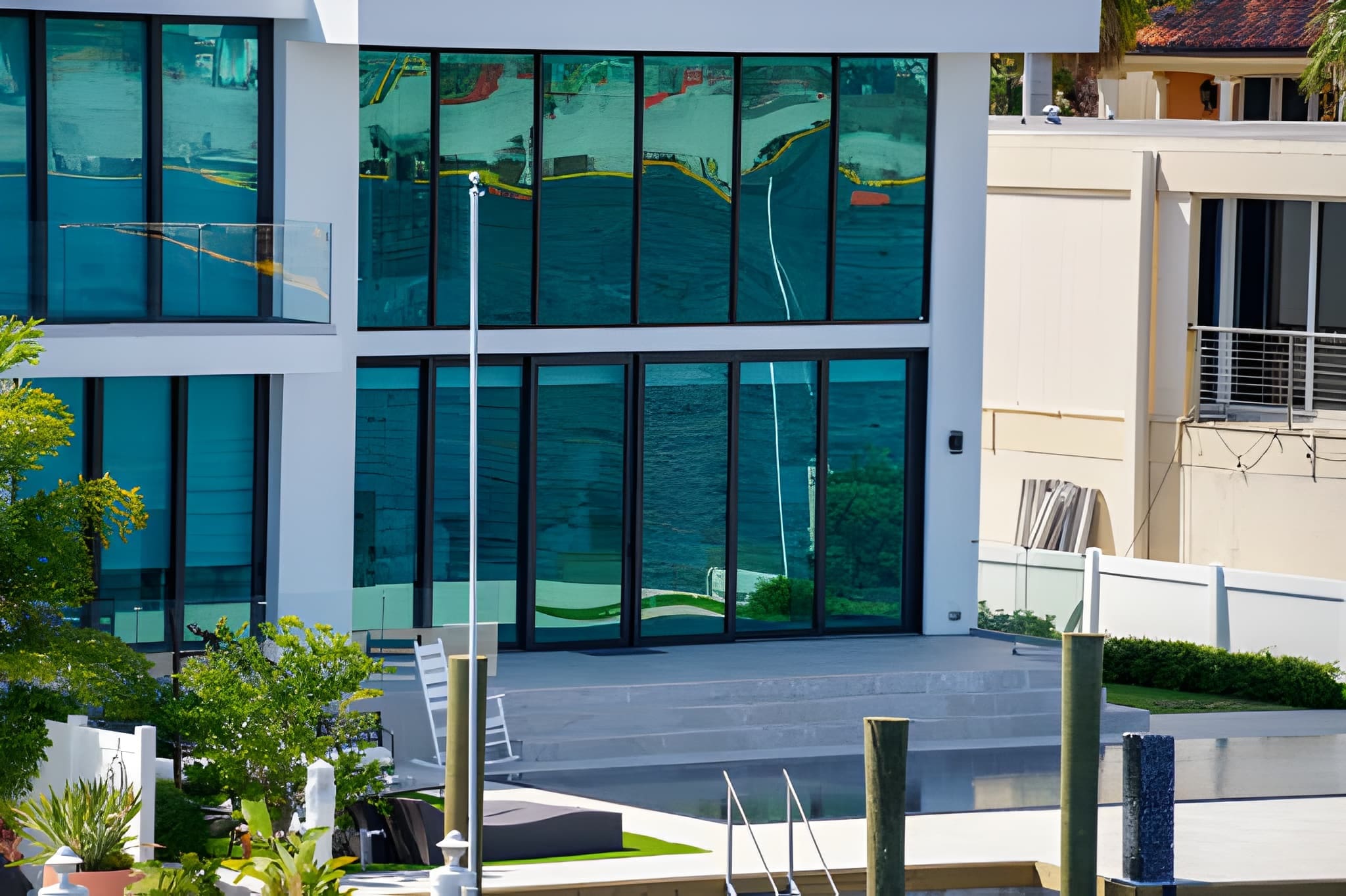 Hurricane impact window systems Palm Beach Gardens FL—modern waterfront building with reflective glass design.